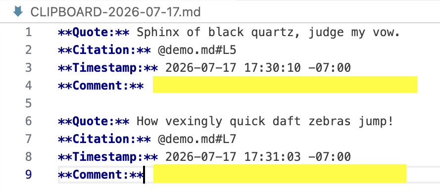Captured selections in the daily workspace Markdown file
