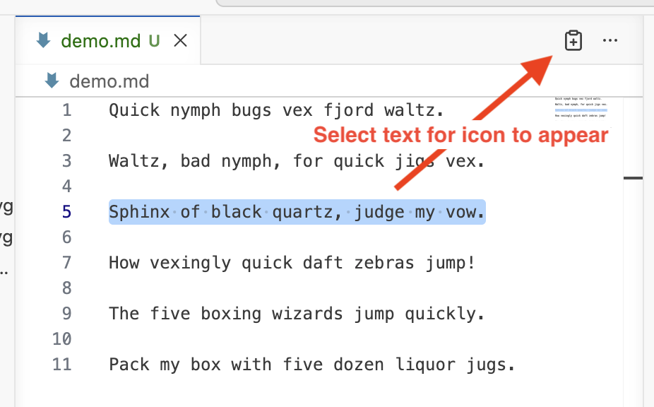 Selected text with the Context Clippings editor button highlighted